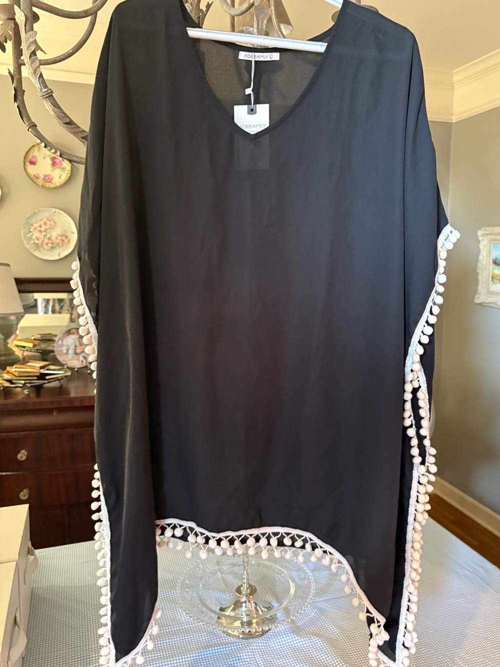 Women's Black Pom-Pom Trim V-Neck Cover-Up NWT